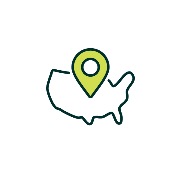 Stylized map of the United States with a location pin marking a spot.