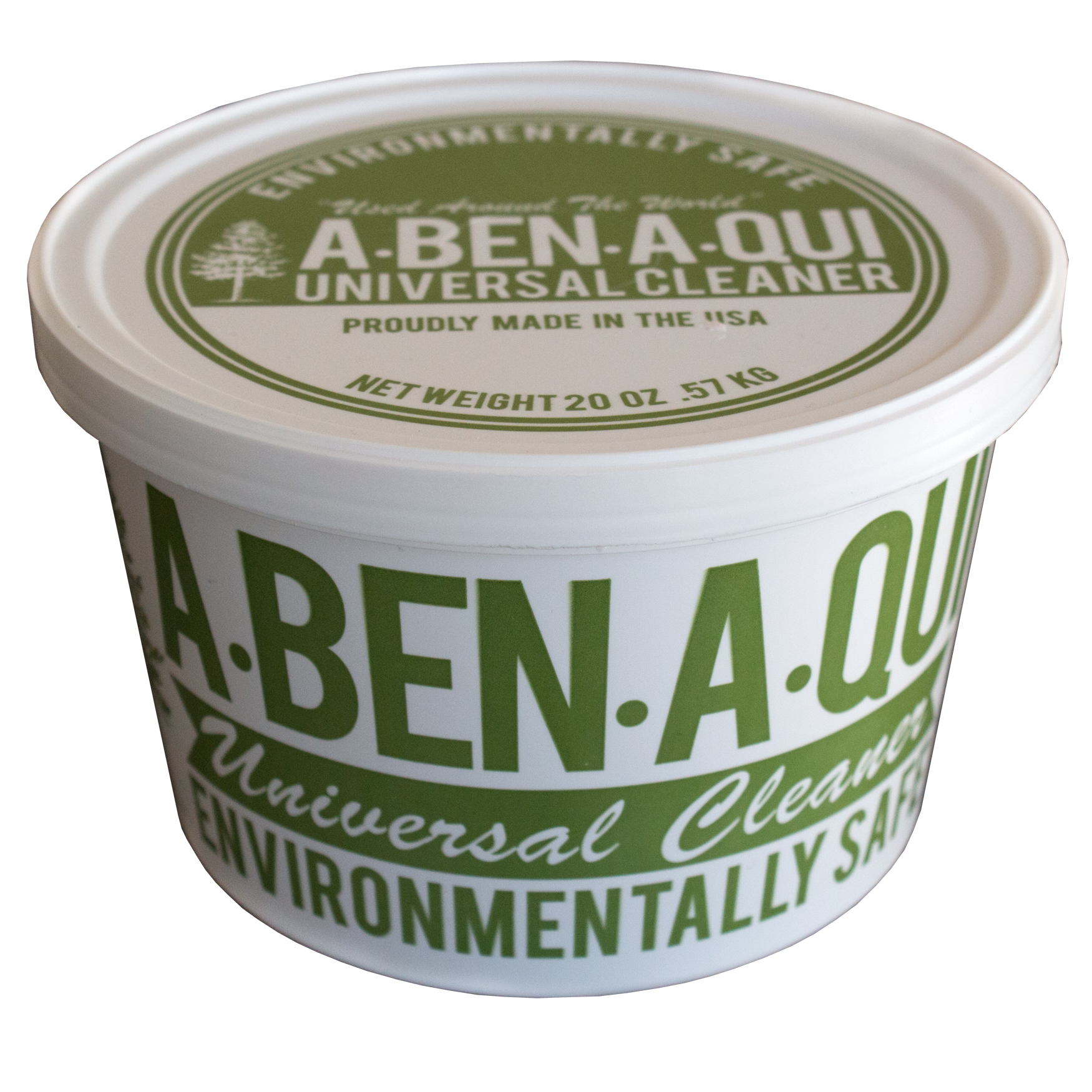 Top view of a white disposable cup with a green label that says 'A-BEN-A-QUI,' 'UNIVERSAL CLEANER,' and 'PROUDLY MADE IN THE USA,' along with other words indicating eco-friendly and environmentally safe cleaning products.
