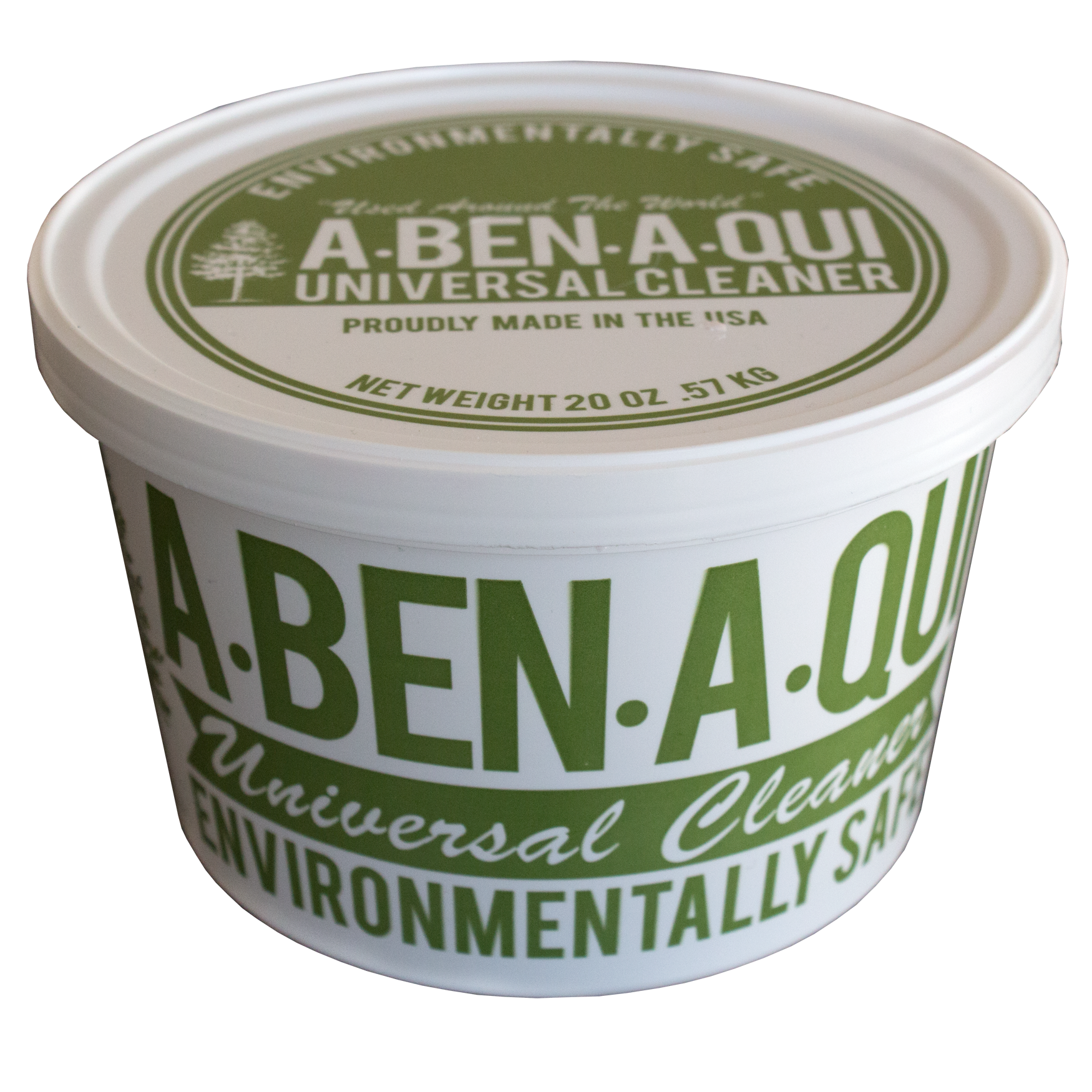 A close-up of a container labeled A-BEN-A-QUI Universal Cleaner with green and white design, indicating it is an environmentally friendly, made in the USA, and suitable for various cleaning purposes.