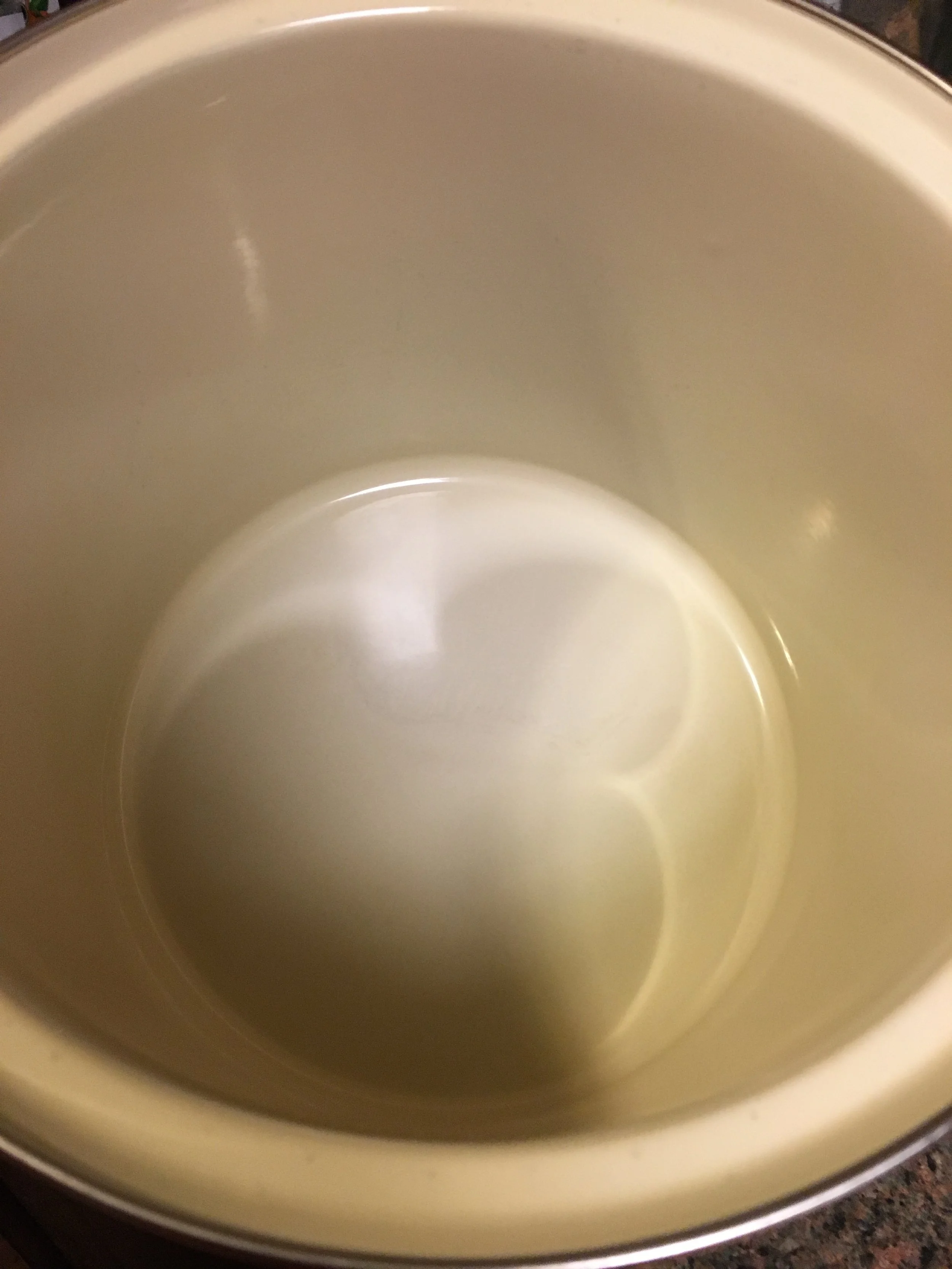 The photo shows the inside of an empty, beige-colored cooking pot or slow cooker.