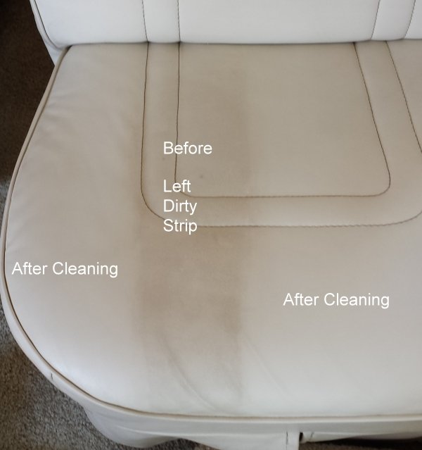Comparison of the left side of a white leather chair cushion before and after cleaning, showing a marked reduction in dirt, with labels 'Before', 'Left Dirty Strip', 'After Cleaning'.