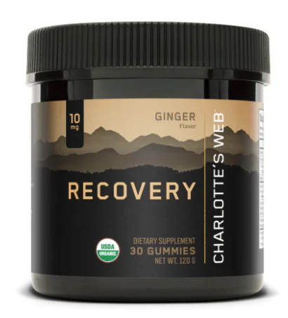Container of Charlotte's Webb Ginger Recovery dietary supplement with 30 gummies, USDA Organic, 120 grams.