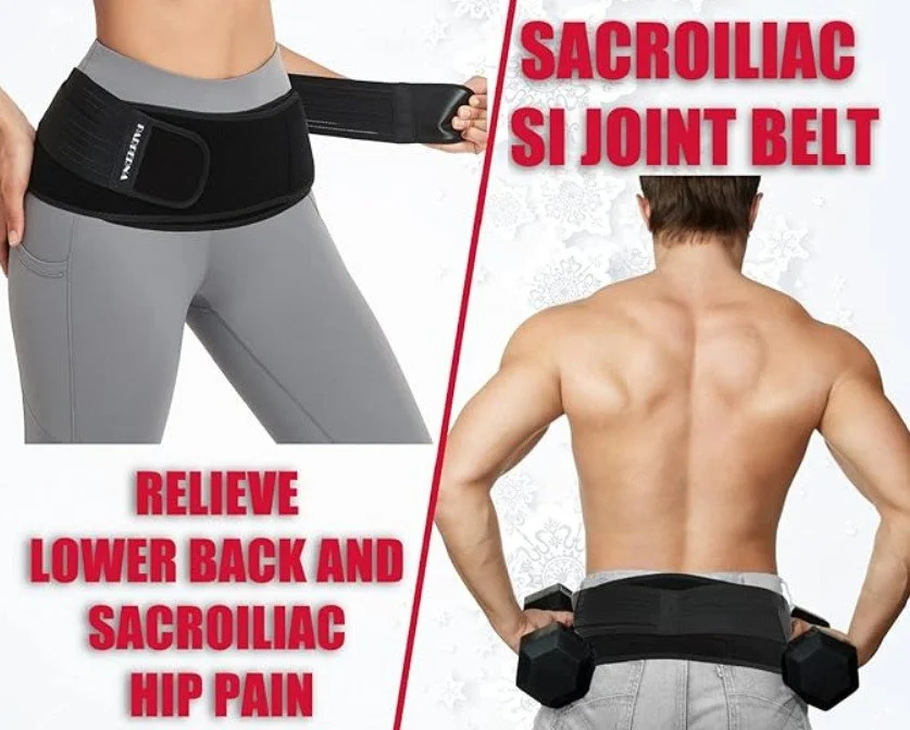 A person wearing a sacroiliac joint belt on their lower back, and a shirtless man holding dumbbells, illustrating the use of the belt to relieve lower back and sacroiliac hip pain.