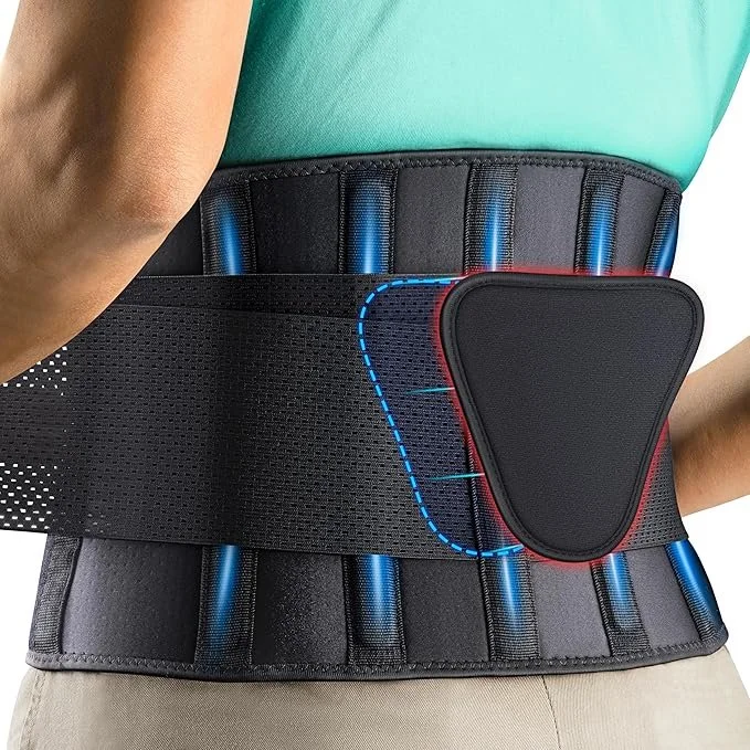 A person wearing a black adjustable back brace with blue accents and a red outline over the lower back, with a focus on support and design features.