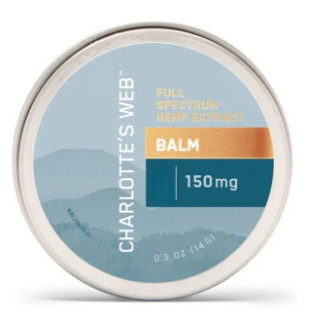 A round container of Charlotte's Web CBD balm labeled with full spectrum hemp extract, 150 mg dosage, and a blue and orange color scheme.