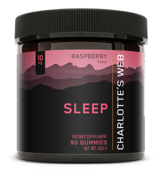 Black container of Charlotte's Web sleep gummies with raspberry flavor, 90 gummies, 360 grams.