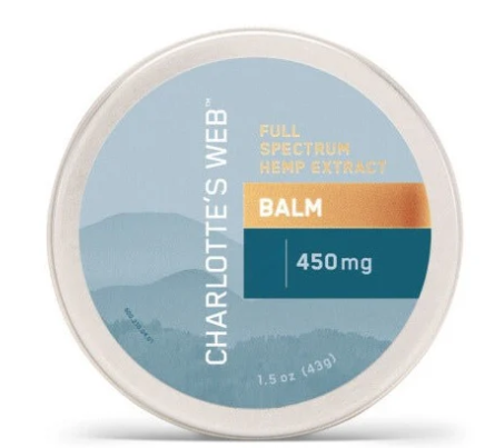 Container of Charlotte's Web full spectrum hemp extract balm with 450 mg dosage.