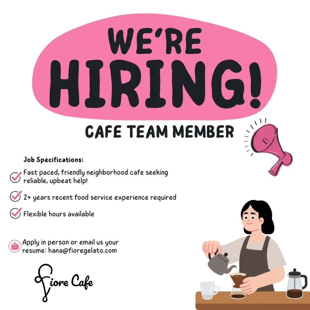 We&rsquo;re growing and we want YOU on our team! ☕🌸 We&rsquo;re looking for a reliable, upbeat Cafe Team Member to join the Fiore family. If you&rsquo;ve got 2+ years of food service experience and love a fast-paced, friendly environment &mdash; we&