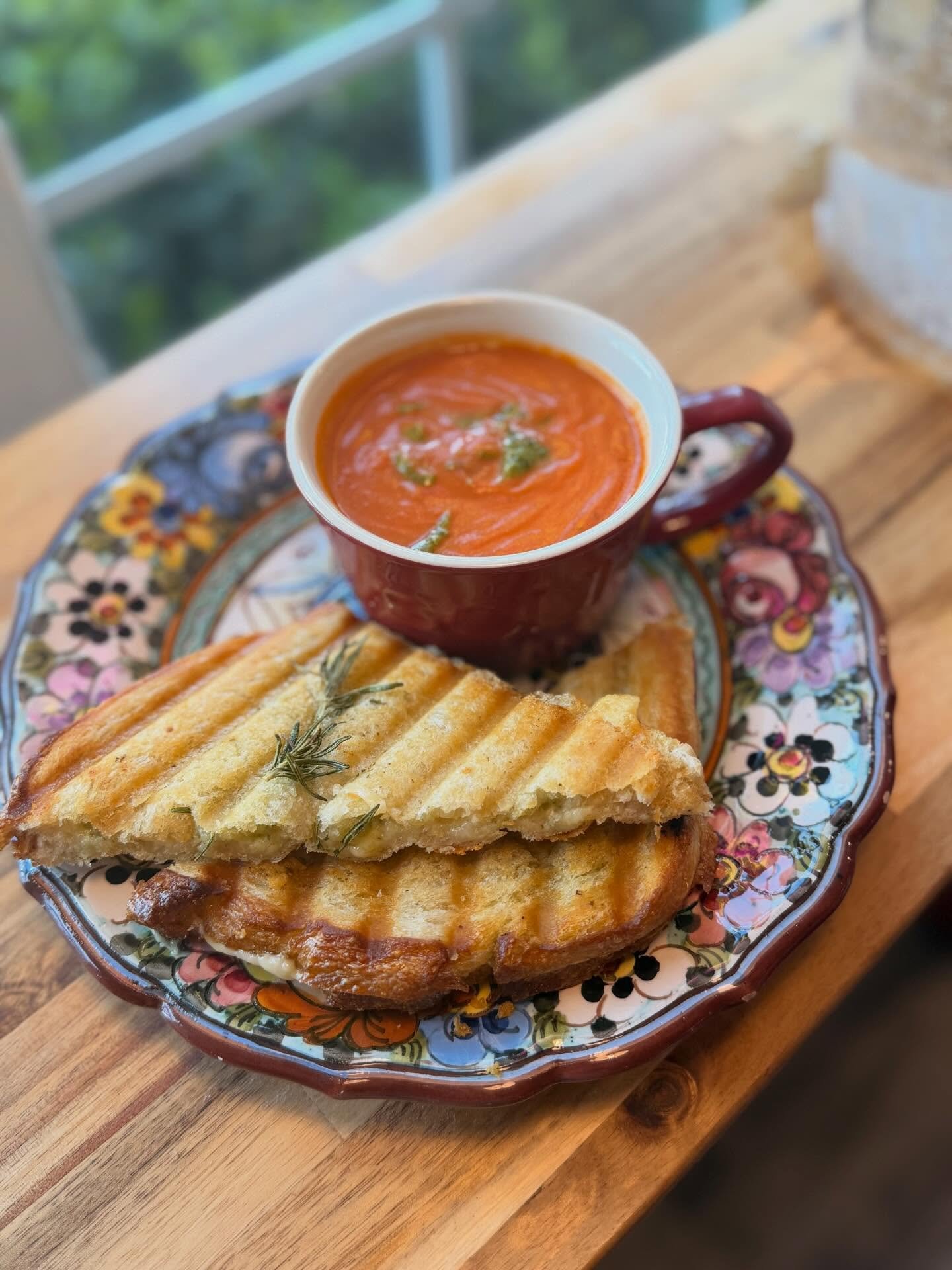 Some things just belong together. A golden, pressed cheese panino with house-grown rosemary + a bowl of tomato bisque &mdash; our April special and a hug in food form!! The Coppia, $13
