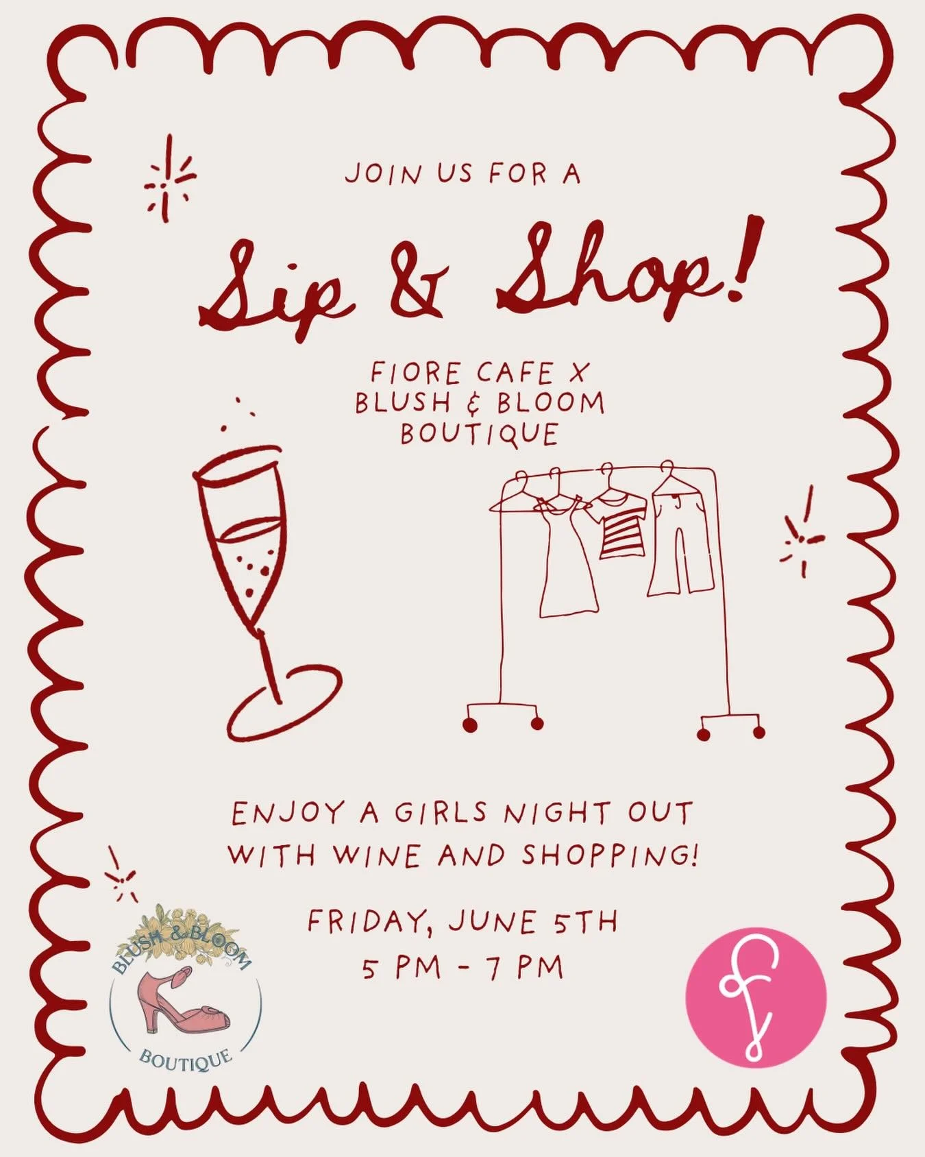 We&rsquo;re back for round two! 🥂 Fiore Cafe x @blush_bloombboutique is hosting another Sip &amp; Shop this Friday, June 5th from 5&ndash;7pm. Come shop women-owned, sip some wine, and make a night of it ☁️