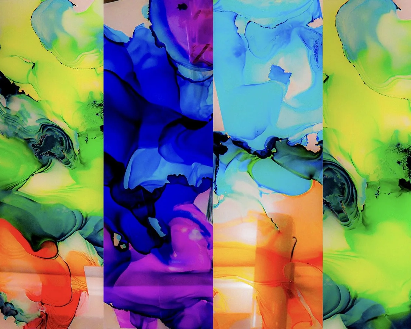 Colorful abstract painting with vibrant swirls of blue, green, yellow, orange, and purple, divided into four vertical sections.