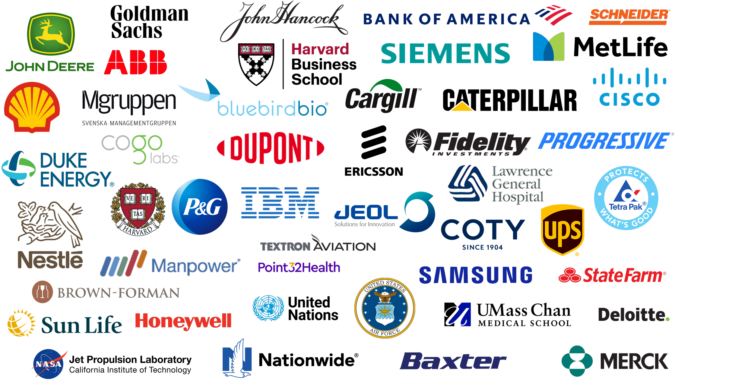 A collage of corporate logos from various companies including John Deere, ABB, Shell, Harvard, Siemens, Cisco, DuPont, P&G, IBM, UPS, Samsung, State Farm, NASA, Deloitte, Merck, and others.