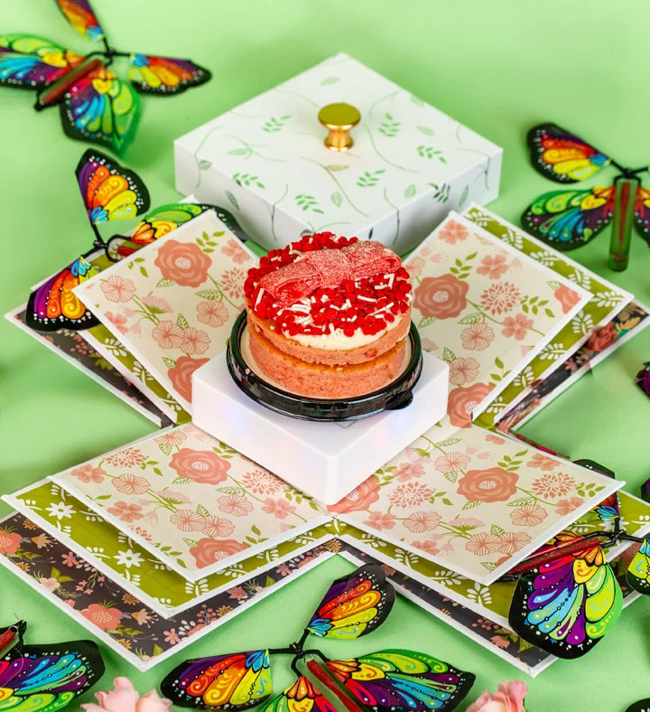 Blossom Box Gift With Butterfly Surprise and Strawberry Cake