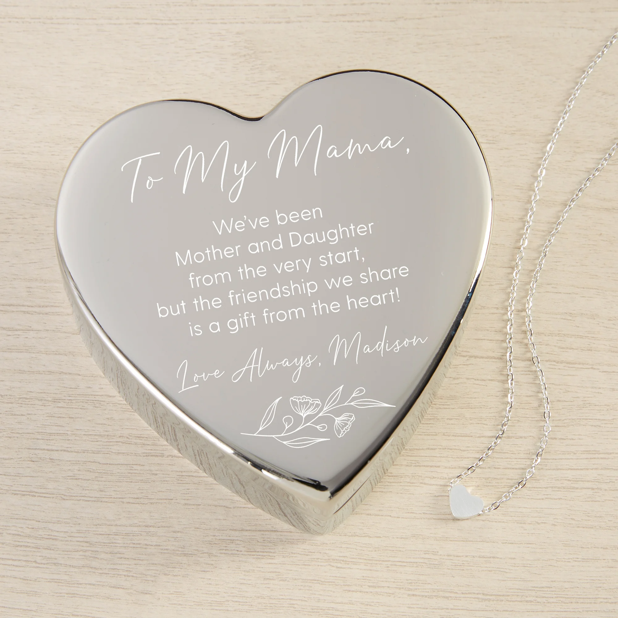 Floral Message To Mom Personalized Heart Jewelry Box Set-Silver Heart Necklace