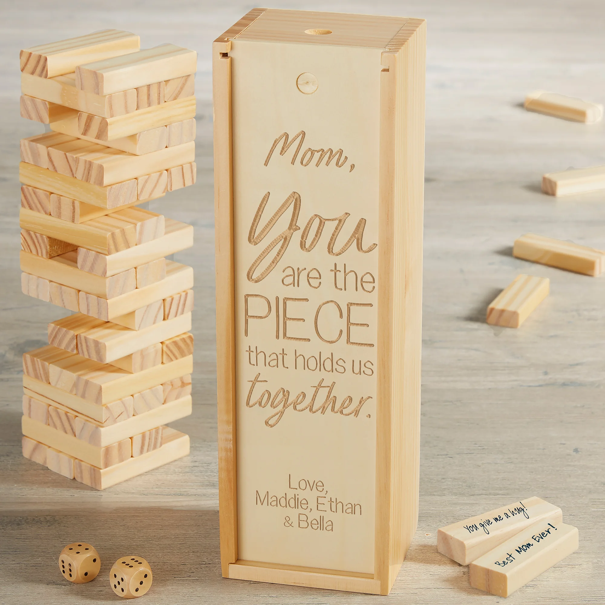 Mom Pieces Our Family Together Personalized Jumbling Tower Game with Wood Case