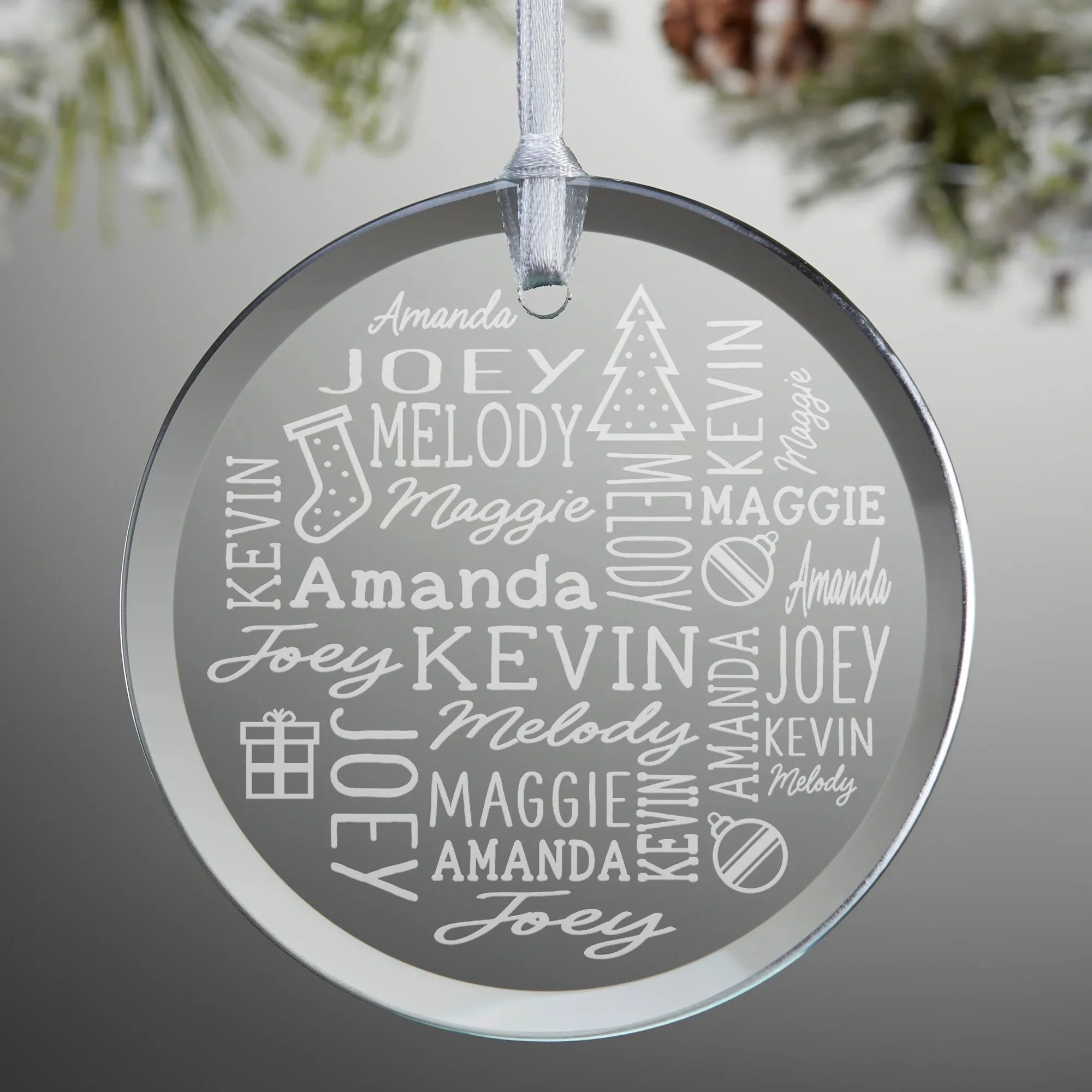 Holiday Repeating Name Personalized Glass Ornament