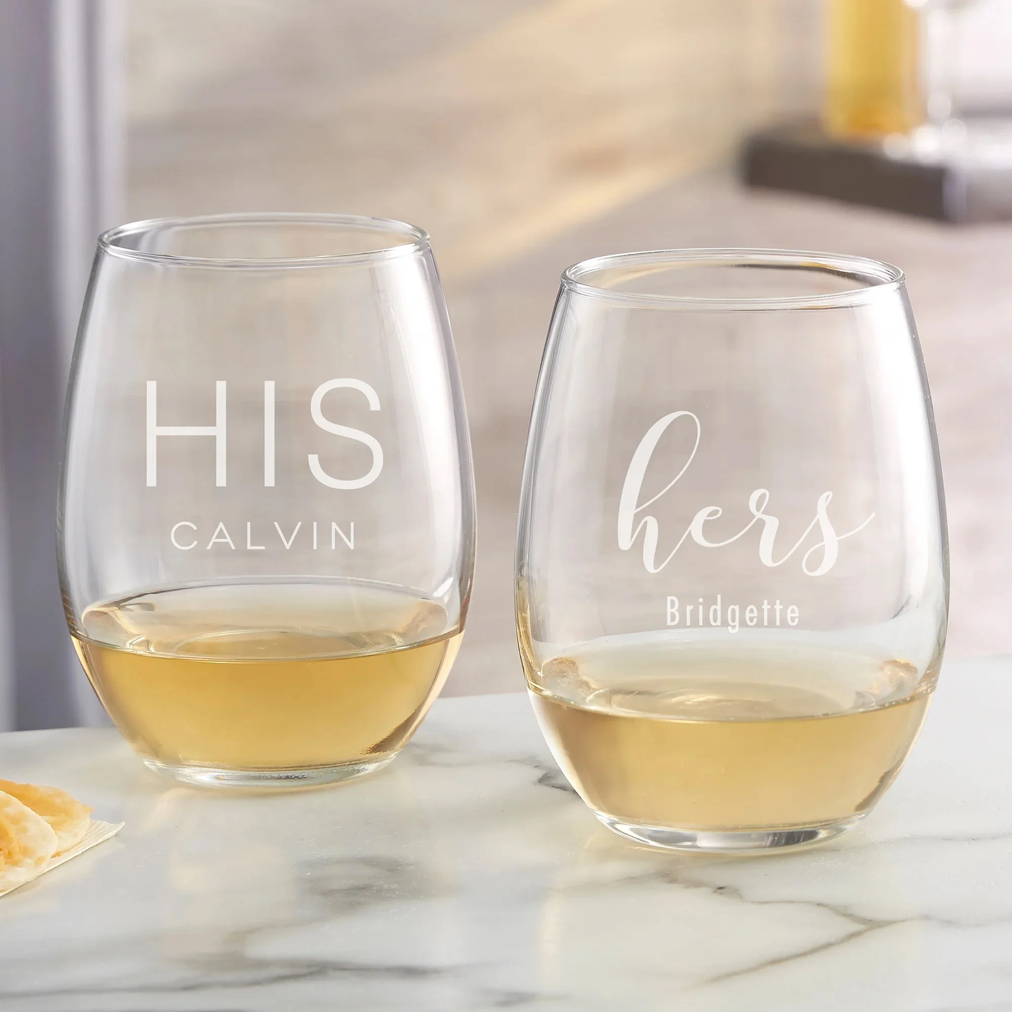 His & Hers Personalized Stemless Wine Glasses