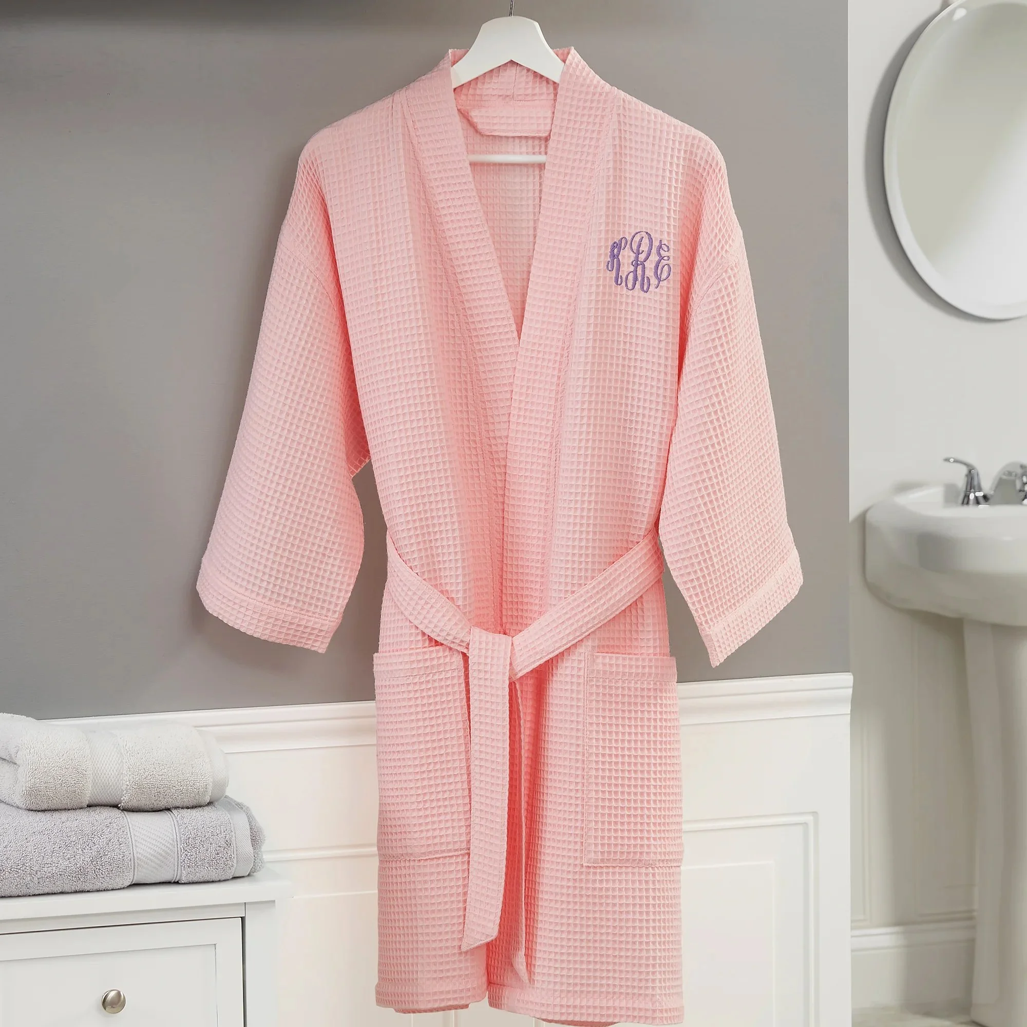 Embroidered Blush Waffle Weave Kimono Robe
