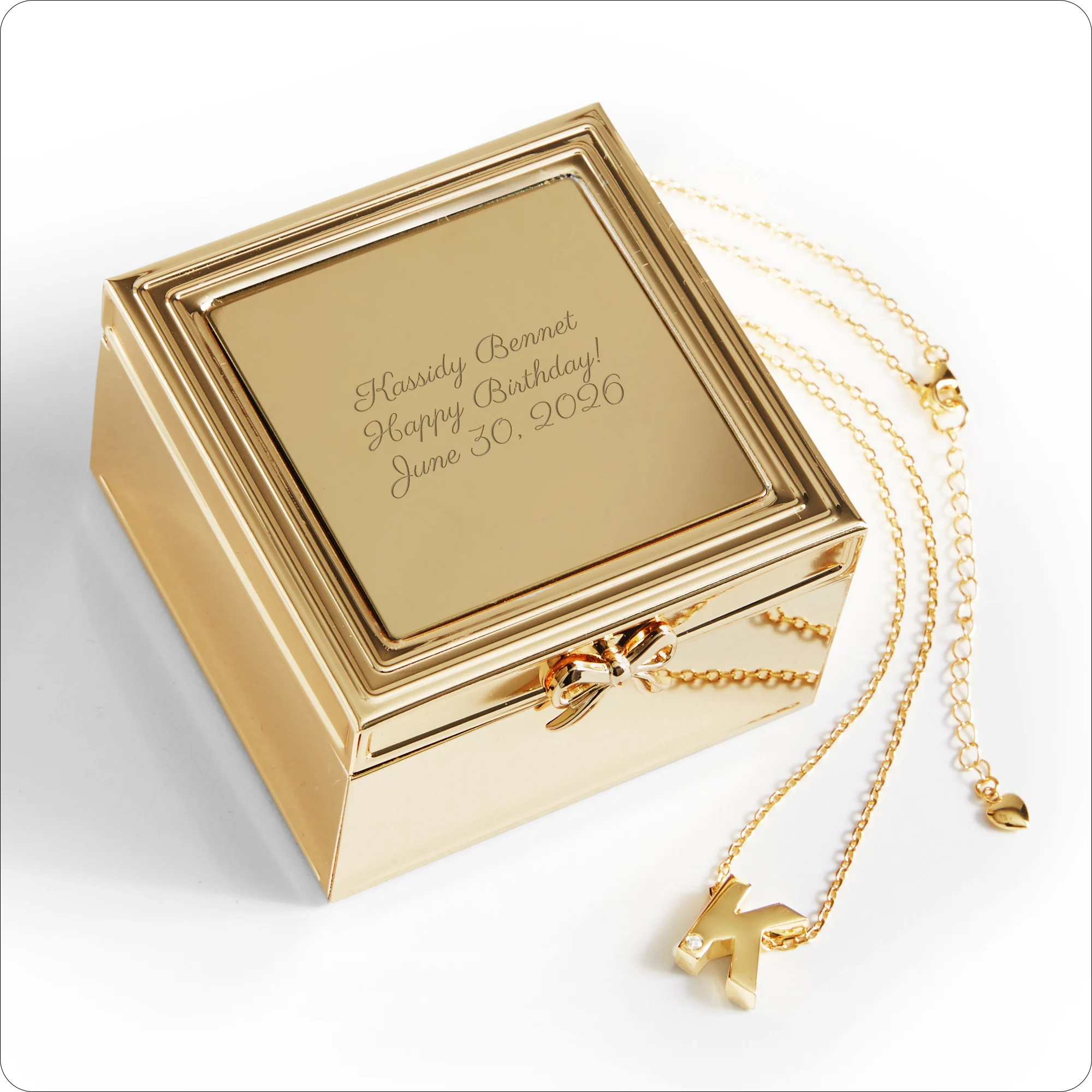 Engraved 14K Gold/Sterling Block Initial Necklace and Jewelry Box Set