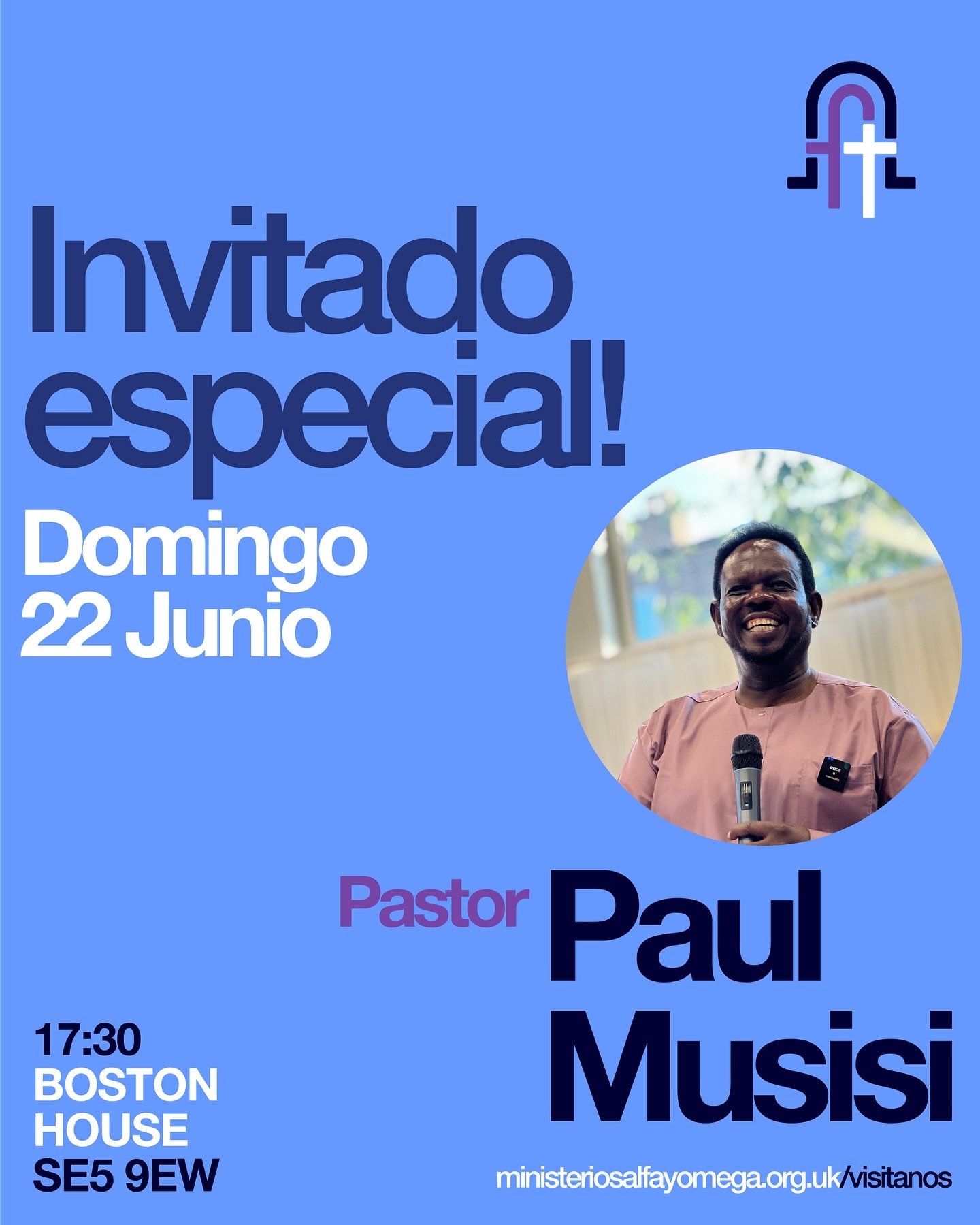 No te pierdas a nuestro querido pastor Paul Musisi! Este Domingo! #ministeriosalfayomega #celebrando13a&ntilde;os