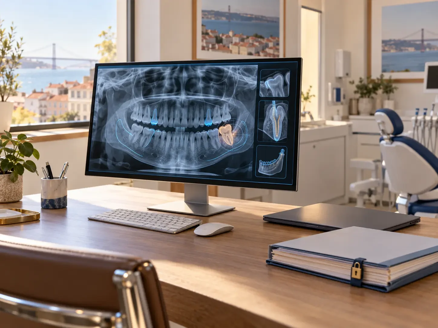 Inteligência artificial na saúde: ecrã com análise de imagem médica numa clínica