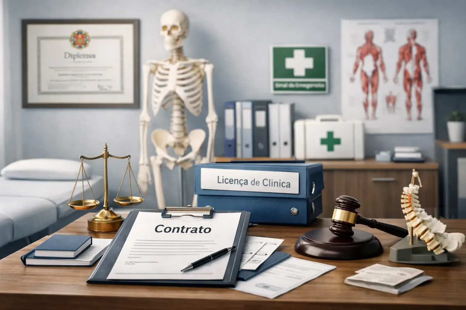 Interior de um estabelecimento de osteopatia em Portugal, com sinalização de emergência visível, um esqueleto, um quadro de anatomia humana na parede, uma secretária com contrato e licença de clínica em cima, bem como uma balança e martelo de juiz.