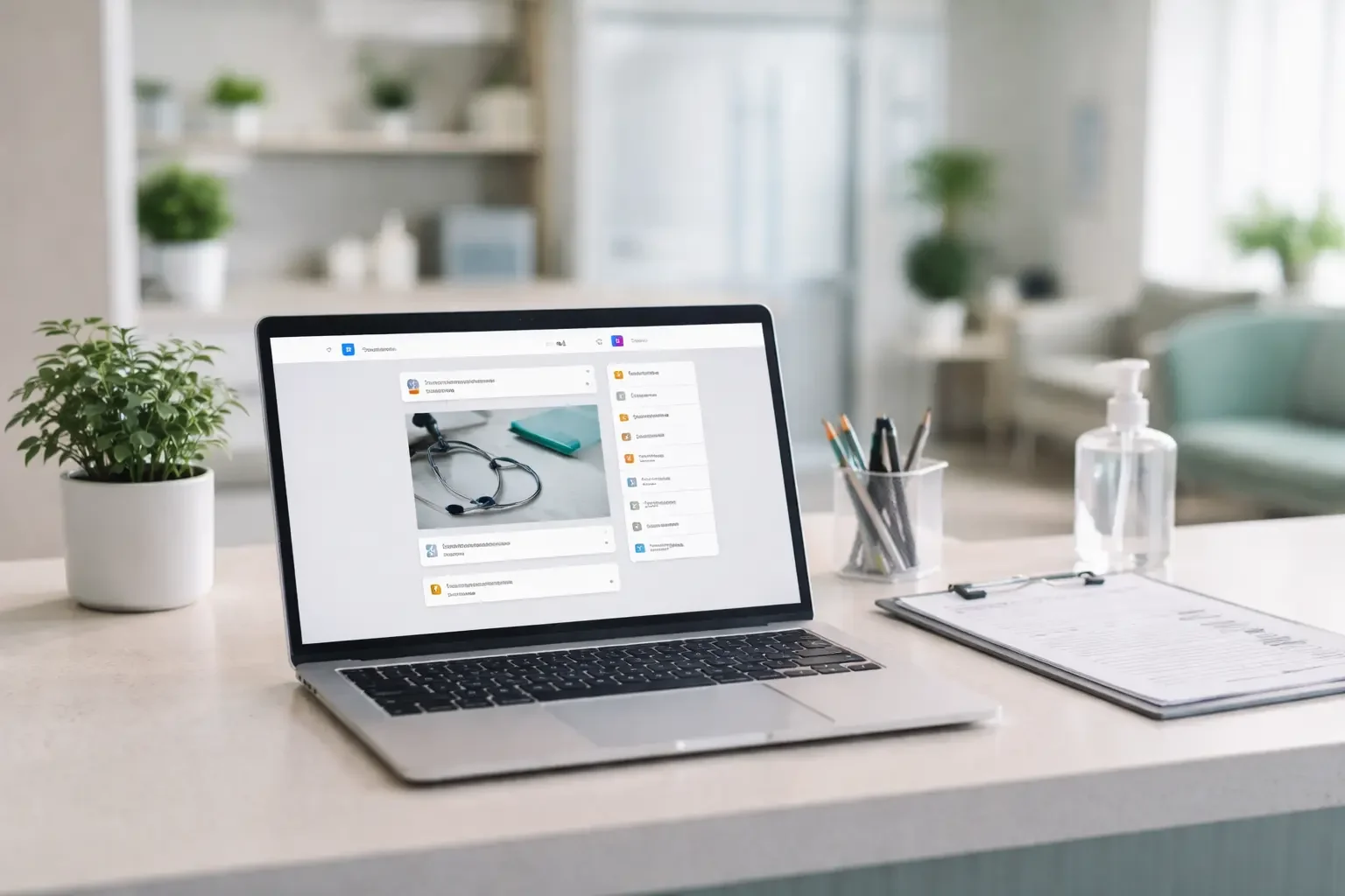Receção de clínica de saúde com computador aberto, ilustrando a comunicação digital na área da saúde.
