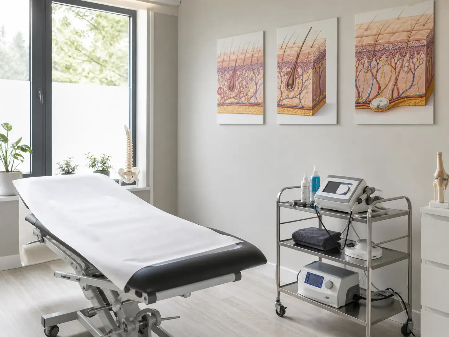 Sala de fisioterapia dermatofuncional em clínica privada de saúde, com equipamento clínico e ambiente profissional
