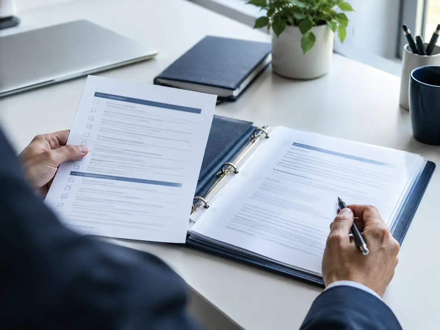 Mãos a rever uma checklist de auditoria interna de conformidade sobre uma secretária de escritório.