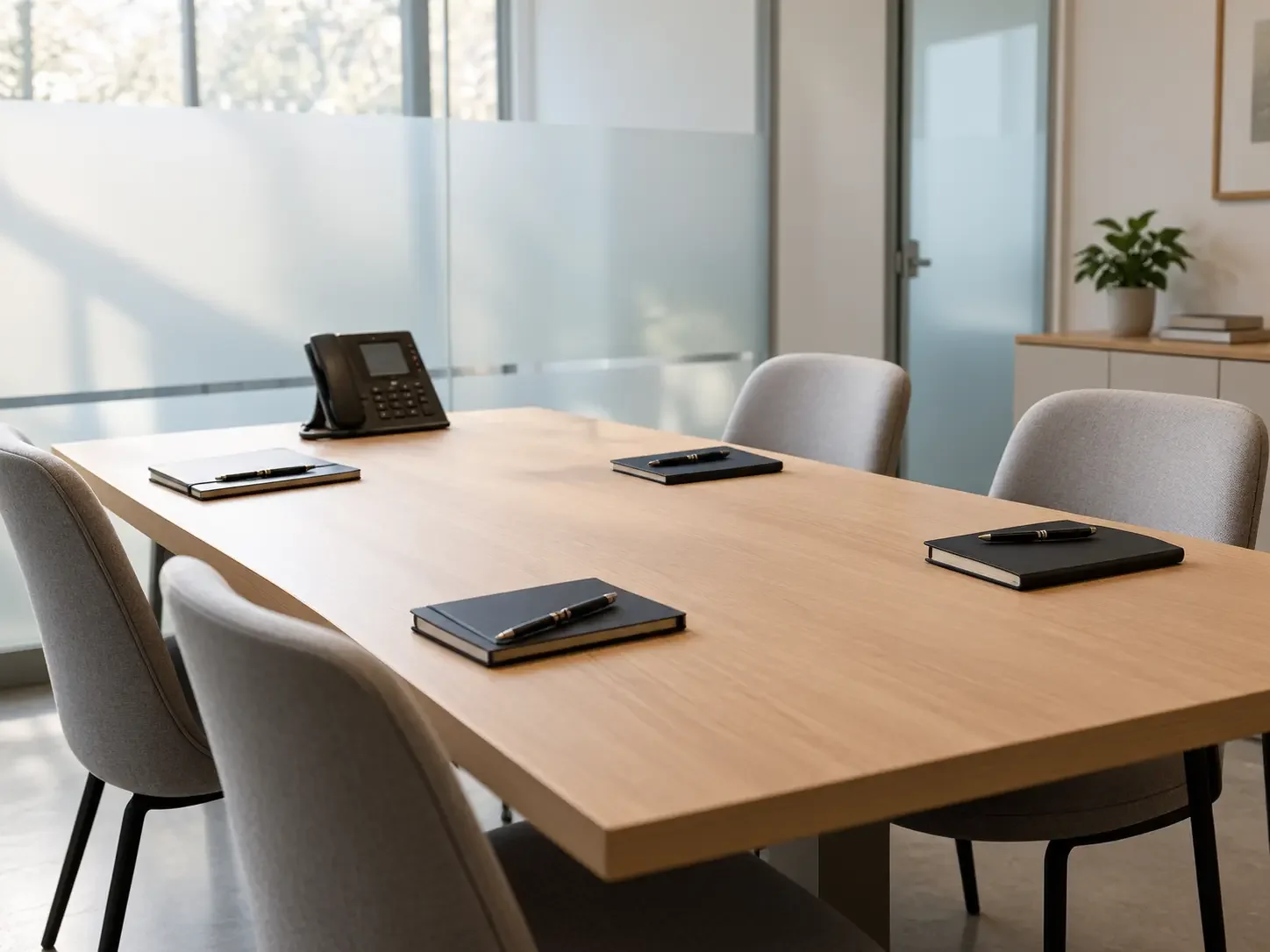 Mesa de reuniões vazia com cadernos e telefone, sobre o protocolo de fiscalização na empresa