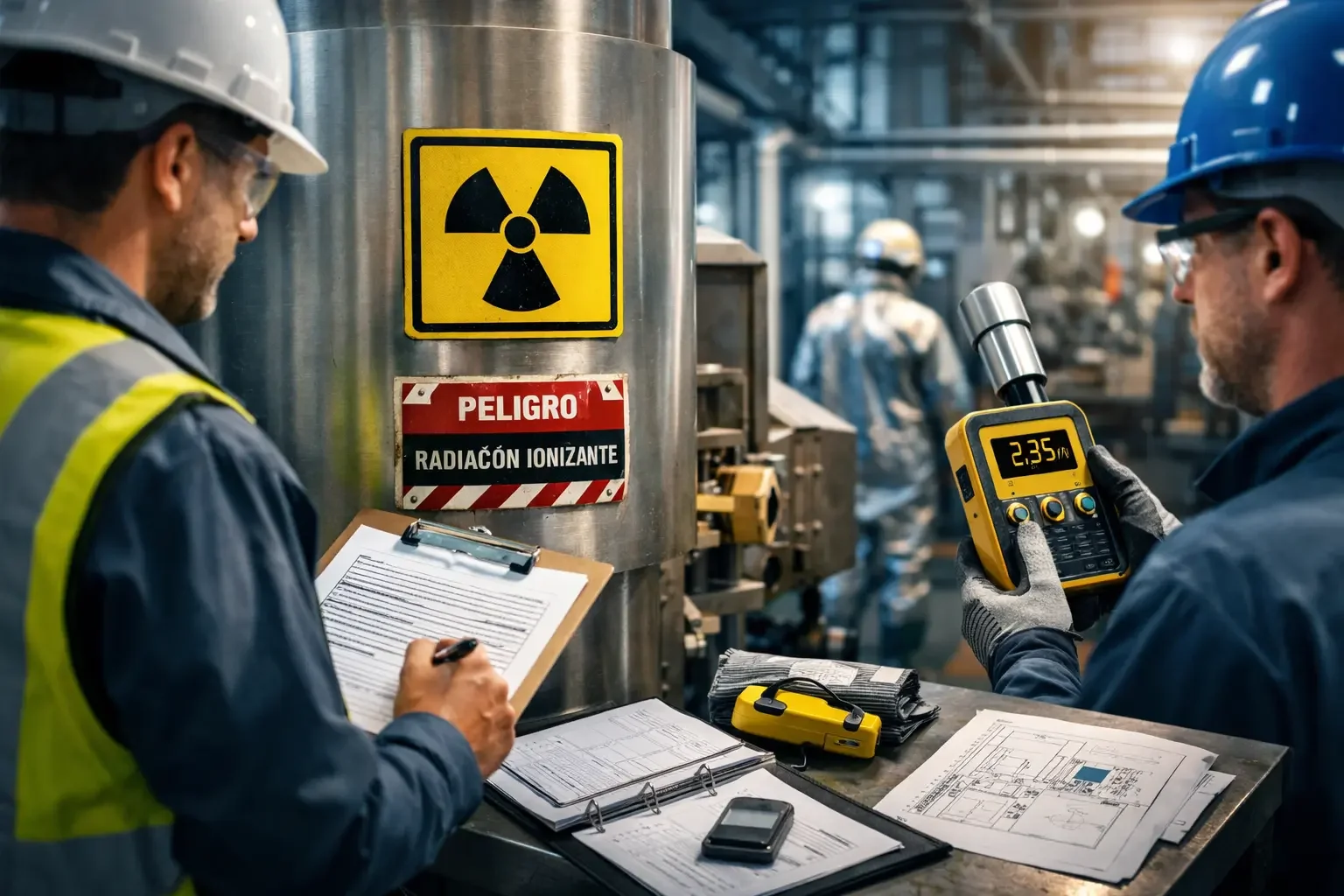 Dois técnicos a realizar uma auditoria inicial de proteção radiológica num contexto industrial