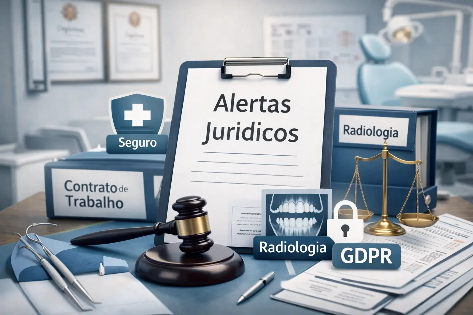 Interior de um consultório dentário, com vários objetivos em cima de uma secretária, representando diferentes alertas jurídicos que os dentistas em início de carreira deverão ter em conta. Entre eles: contrato de trabalho, seguro, RGPD, Radiologia.
