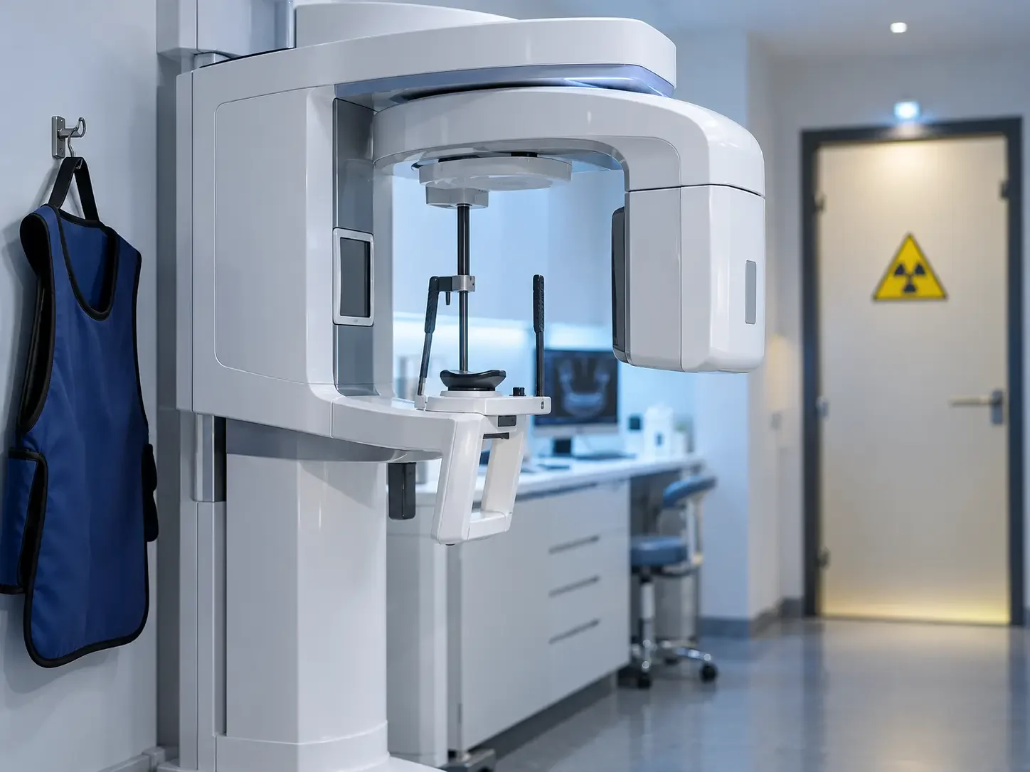 Equipamento de CBCT numa sala de imagiologia, ilustrando a radiação do raio x, TAC e CBCT