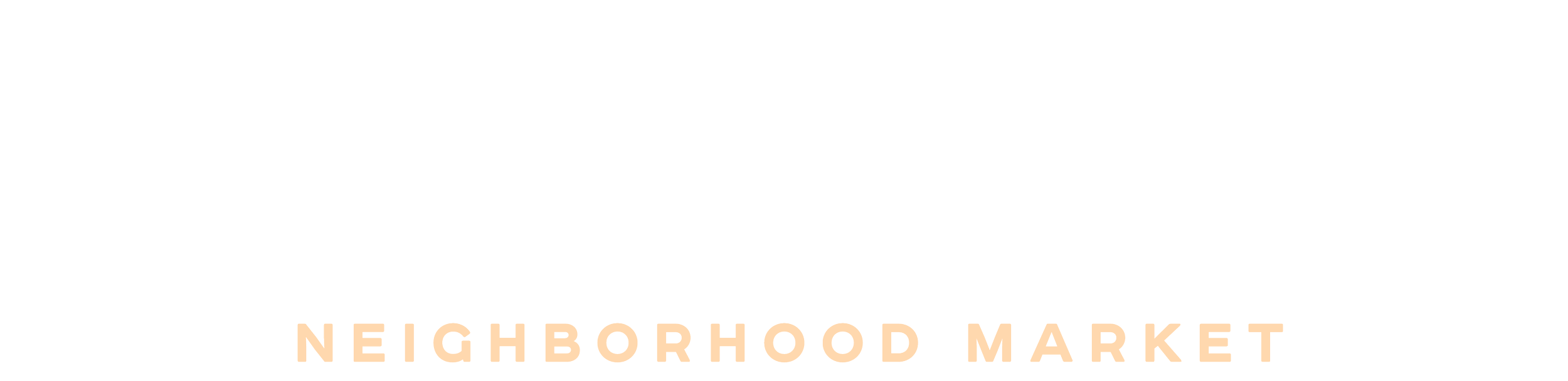 Logo for Russ & Mimi's Neighborhood Market in cursive white font with beige text underneath.