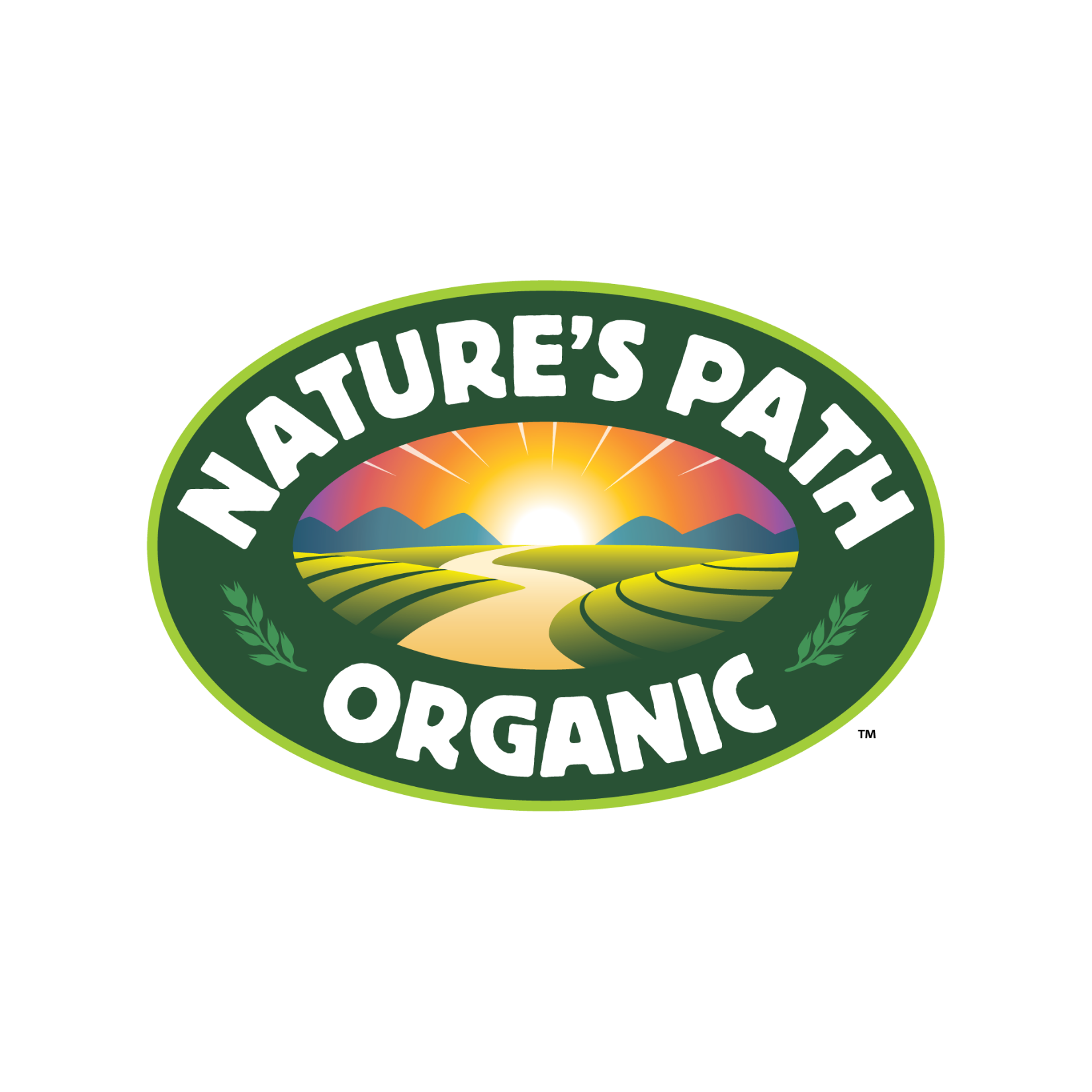 Logo with green and gold border reading 'Nature's Path Organic' and featuring a landscape with fields, trees, a river, and a sunset.