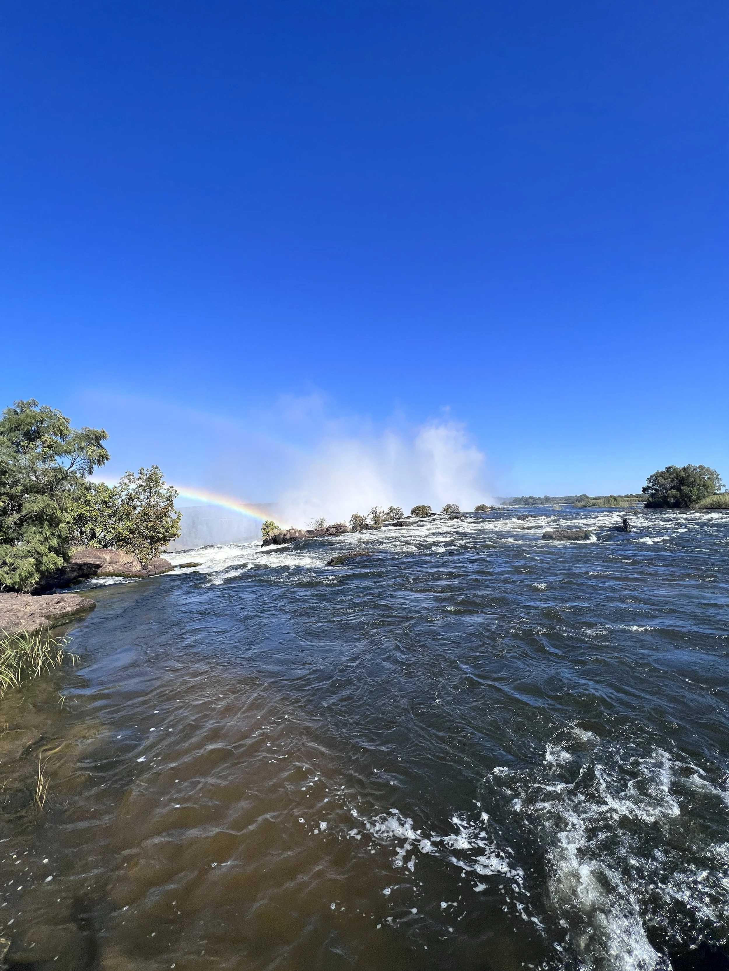 a rainbow forms in the spray over victoria falls
