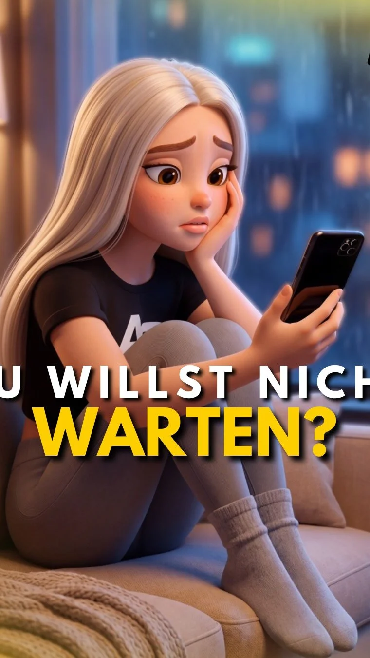 Eine junge Frau mit langen blonden Haaren sitzt auf einer Couch und schaut auf ihr Smartphone, sieht nachdenklich aus, im Hintergrund ein Fenster mit Stadtblick bei Nacht.