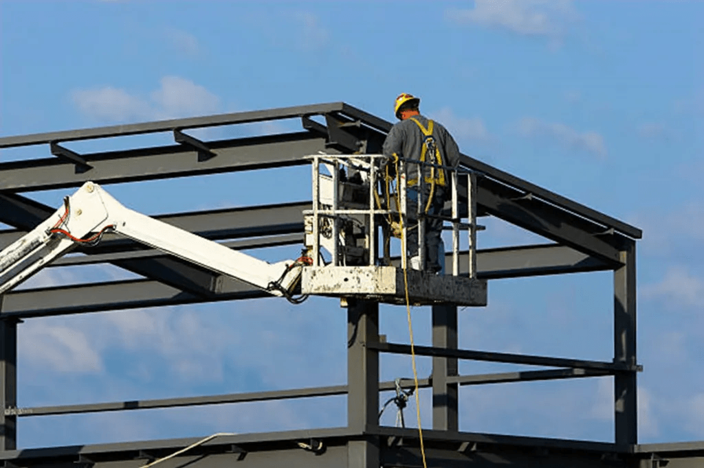 Construction worker in safety gear on a lift working on a steel framework of a building against a cloudy sky.