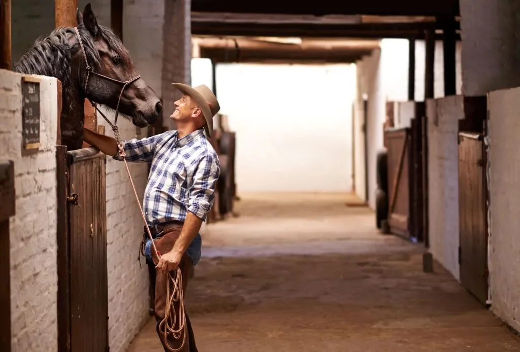 Man in barn wearing western gear petting a horse