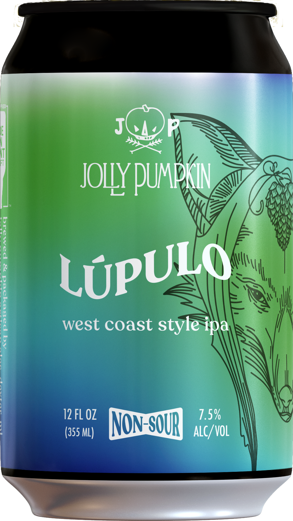 Can beverage can with a gradient green to blue label, featuring a line drawing of a wolf with pinecones and a pumpkin with a face, and text indicating it is Jolly Pumpkin Lupulo West Coast Style IPA, non-sour, 12 fluid ounces, 7.5% alcohol.