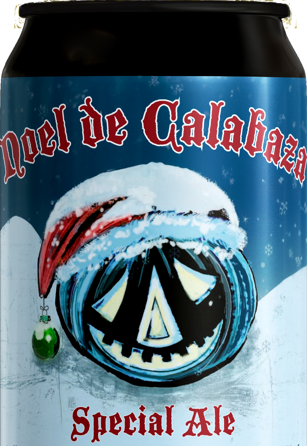 A festive can of Noel de Calabaza Special Ale featuring a pumpkin with a carved jack-o'-lantern face, wearing a Santa hat, with snowflake and winter background imagery.