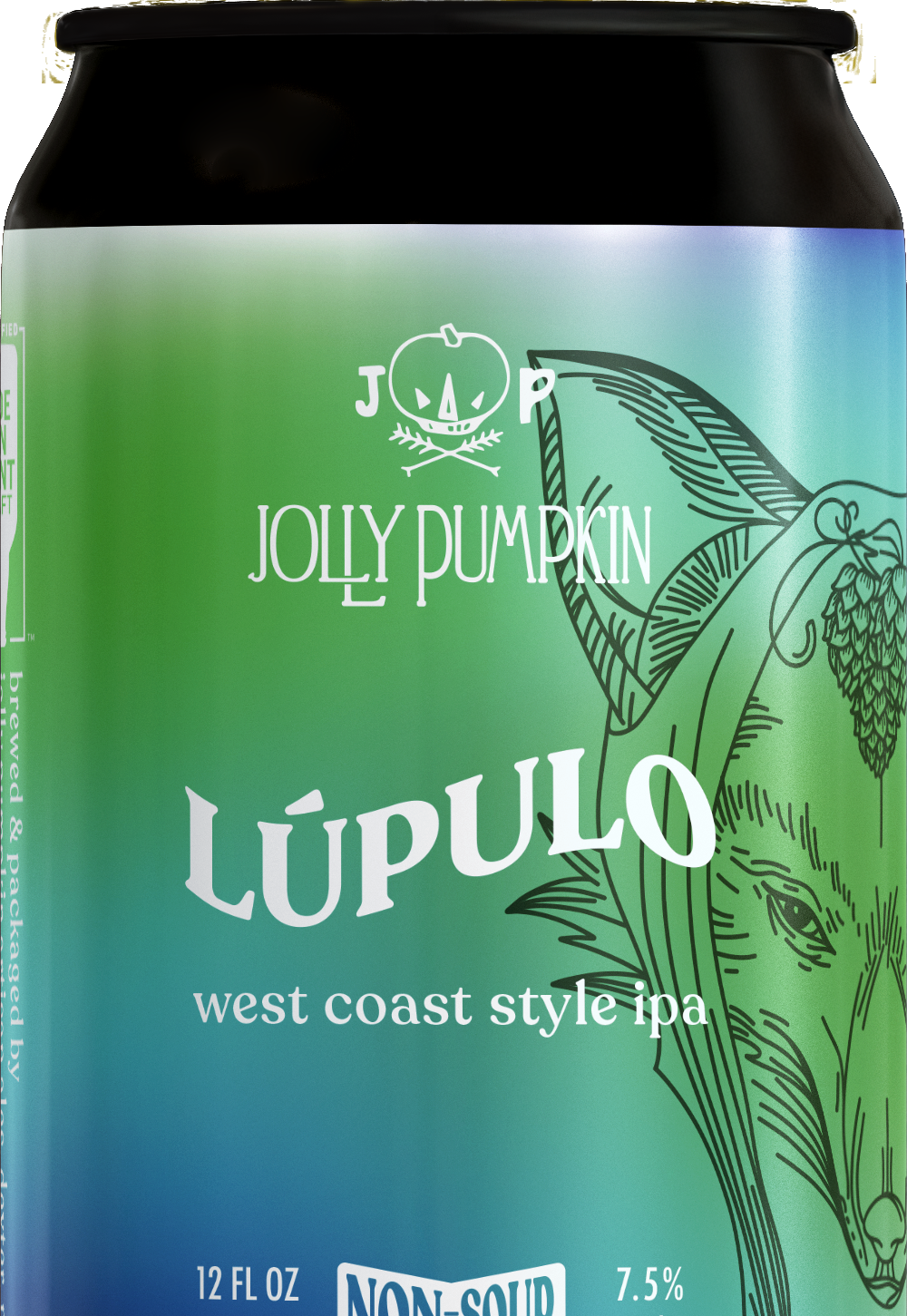 Close-up of a can of Jolly Pumpkin Lúpulo west coast style IPA with a green and blue gradient label featuring a line art illustration of a wolf and hop cone, and text indicating 12 fluid ounces, 7.5% alcohol, and non-sold