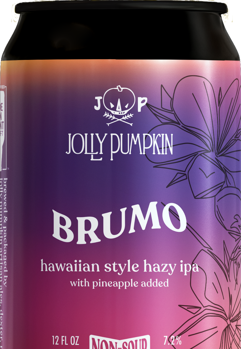 A can of Jolly Pumpkin Brumo Hawaiian style hazy IPA with pineapple added, featuring a purple gradient label with black line art of a plant.