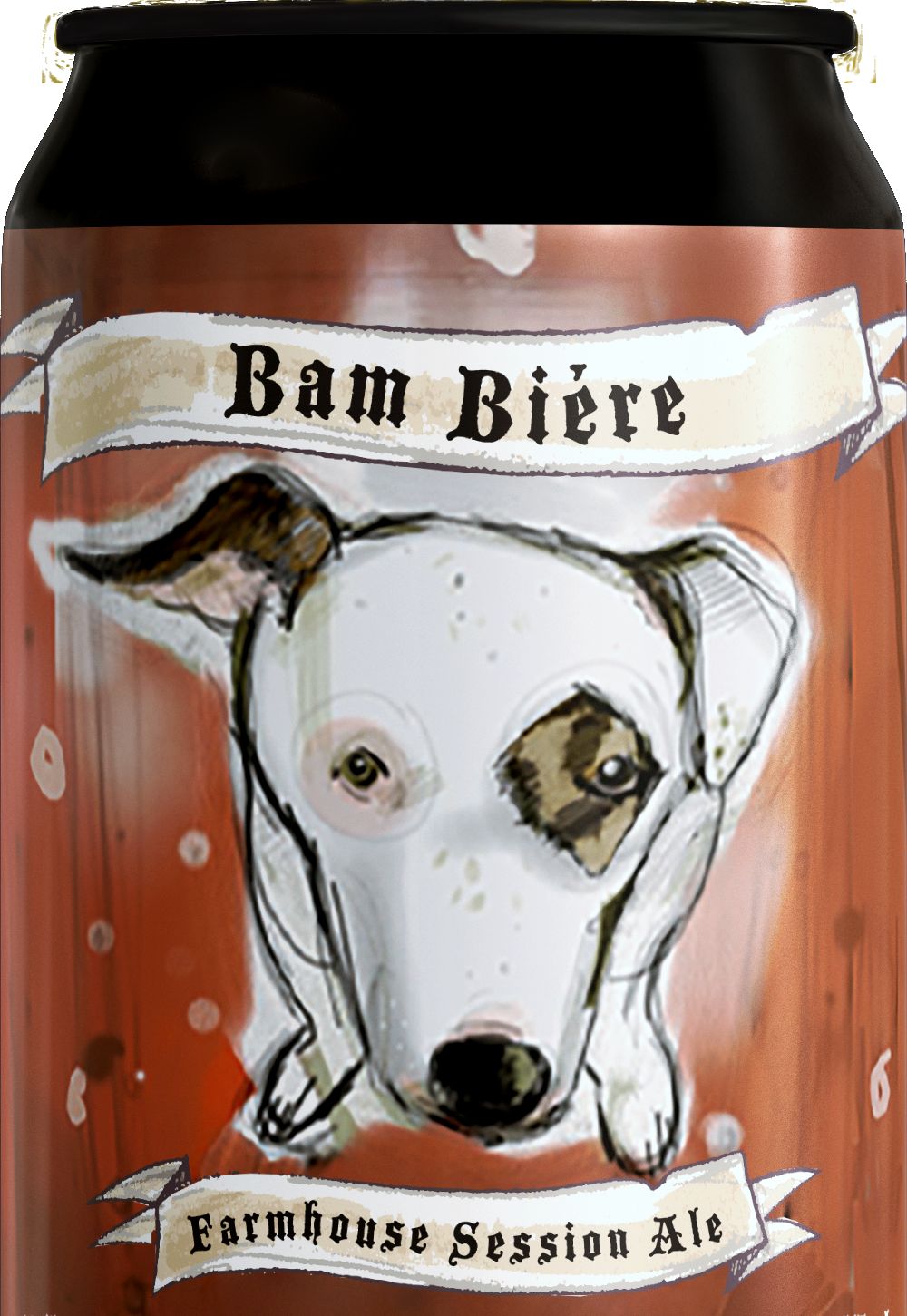 A can of beer with a drawing of a dog with one eye. The label reads 'Bam Biére' and 'Farmhouse Session Ale' on a reddish background.