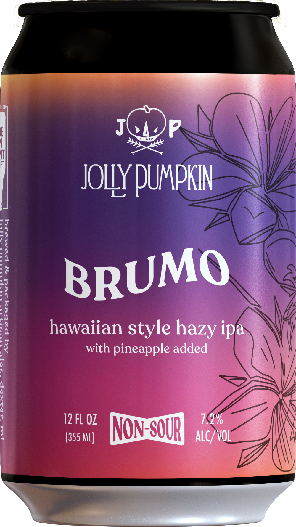 A can of Jolly Pumpkin Brumo Hawaiian style hazy IPA with pineapple added, featuring a purple and pink gradient label with black line art of a tropical flower.