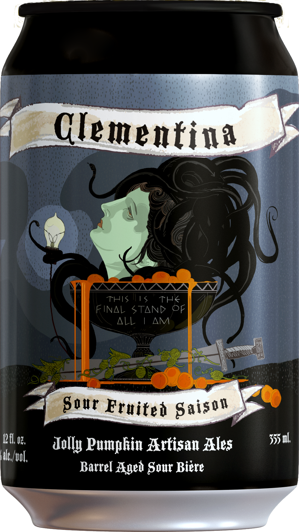 A can of Clemntina sour fruited saison craft beer with a dark label featuring a gothic-style illustration of a woman with green skin, black hair, and a devil tail, holding a small light bulb. The label includes a bowl of orange berries with a quote, a sword, and a banner with the text "Sour Fruited Saison" and other details about the beer.