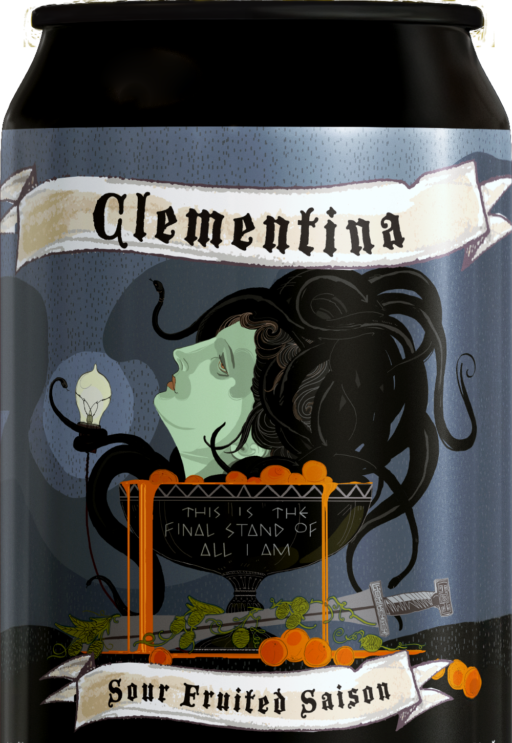 A dark-themed can of Clementina sour fruit-ed saison beer with an illustration of a woman with green skin, black hair, and a serpent around her arm, holding a light bulb, and a bowl of oranges with the message "This is the final stand of all I am" written on it.