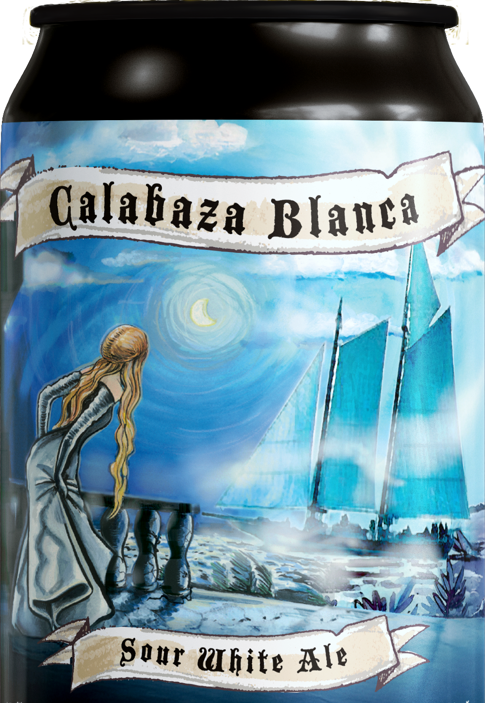 A can of Galafaza Blanca sour white ale with artwork depicting a woman with long hair gazing at a moonlit night by the sea with large sailing ships.