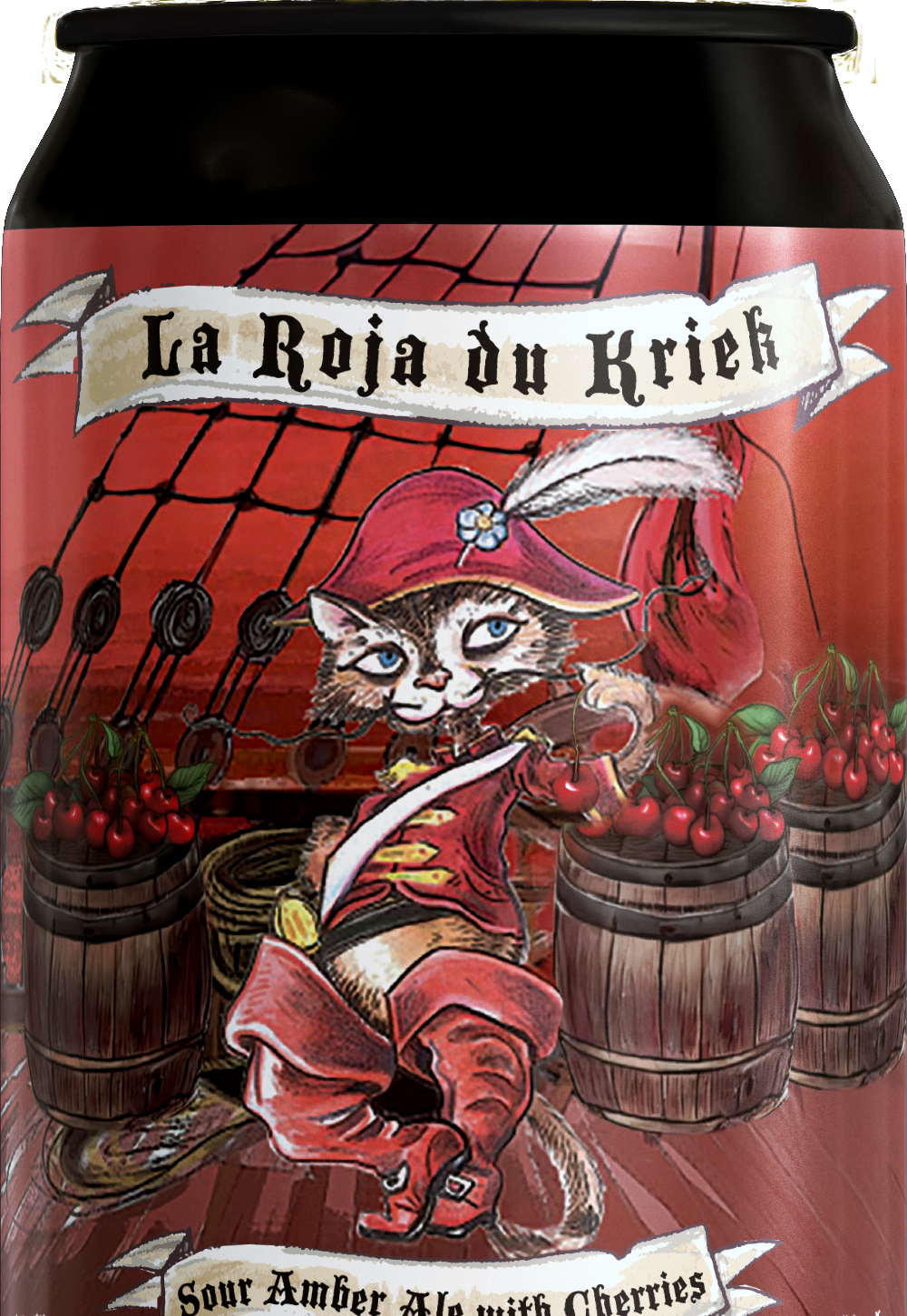 A can of sour amber ale with cherries, featuring an illustrated pirate cat with a feathered hat and a smile, surrounded by barrels of cherries and a net backdrop.