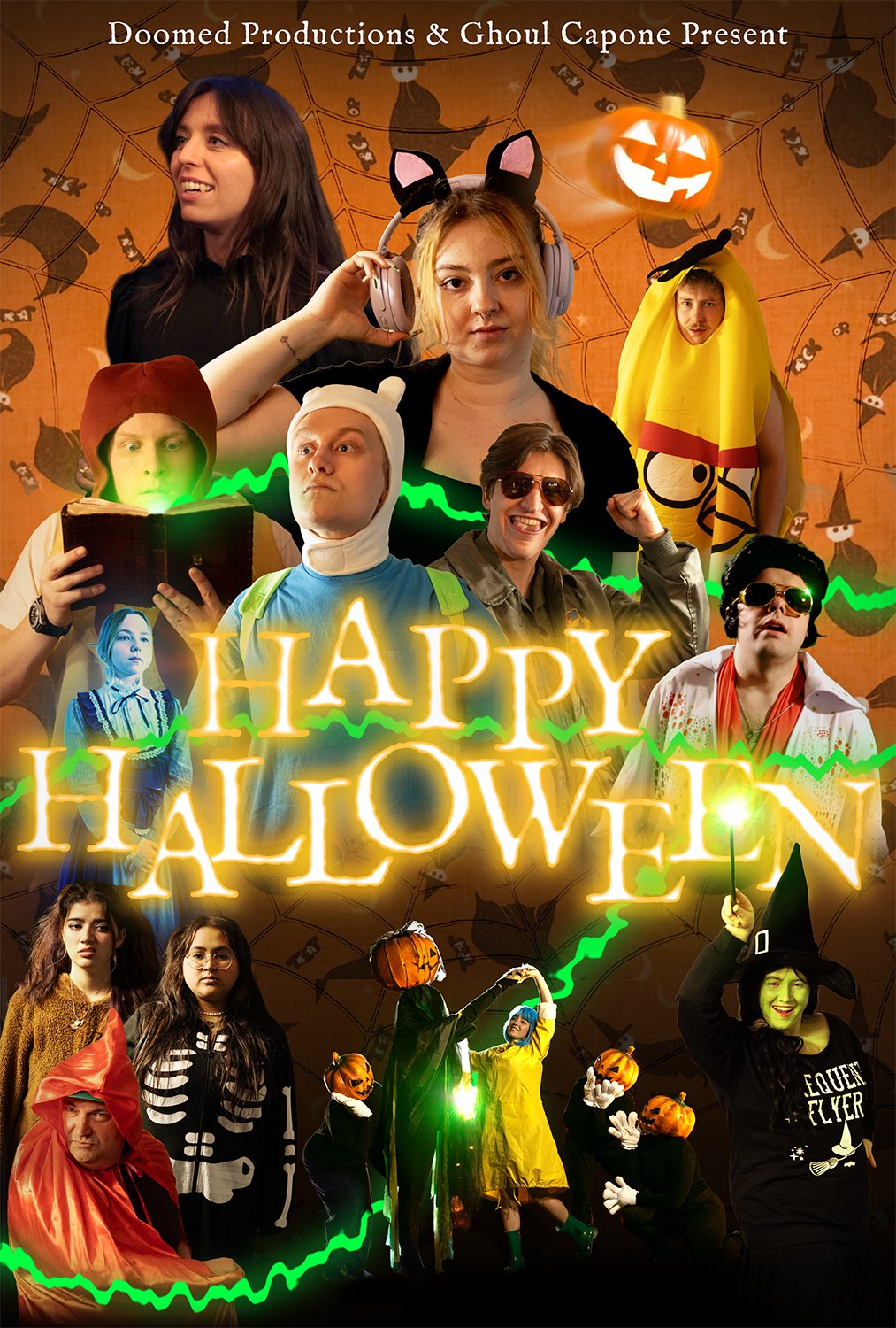 A group of people dressed in various Halloween costumes, some with pumpkins and witches, at a Halloween party with a spooky background, Halloween props, and green lightning effects.